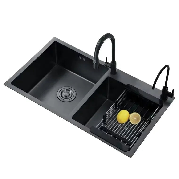 Kitchen Sink Factory Double Bowl SUS304 Anti-rust Handmade Stainless Steel Modern Sink Bottom Black with Full Accessories