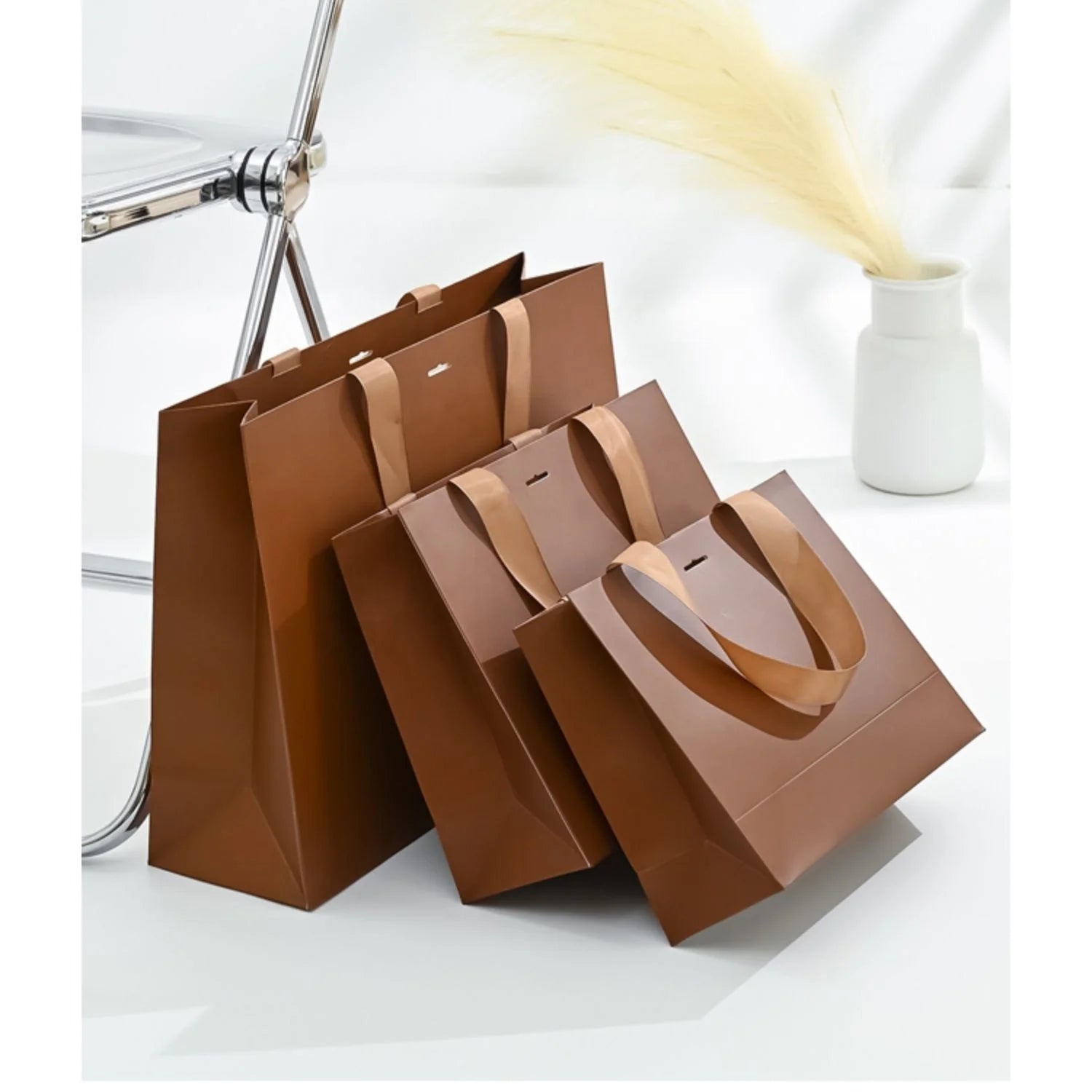 Wholesale Custom Logo Kraft Paper Shopping Bag with Handles Embossed Ribbon Gift Bag for Boutique Grocery for Packaging