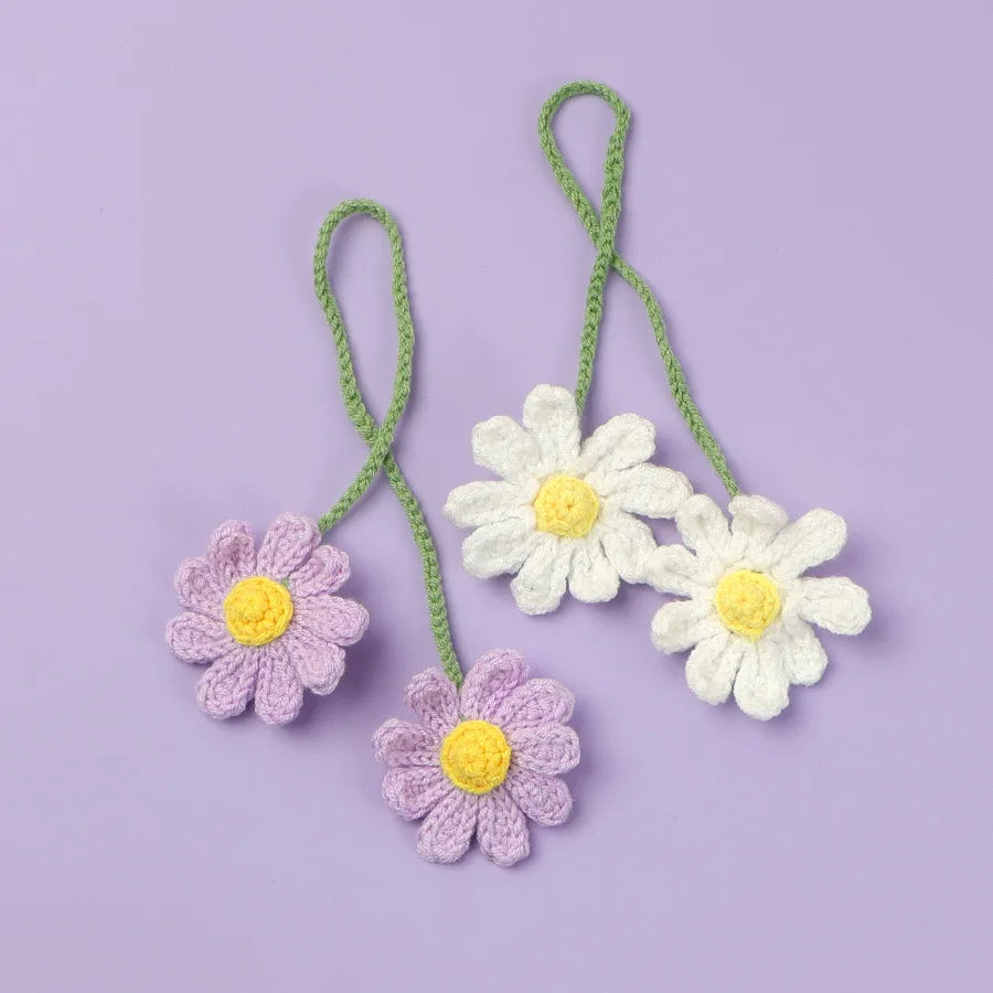 Cute Handmade Daisy Flower Knitted Charm Car Rear View Mirror Decor Hanging DIY Crochet Bag Key Pendant Women Girl Gift Flowers