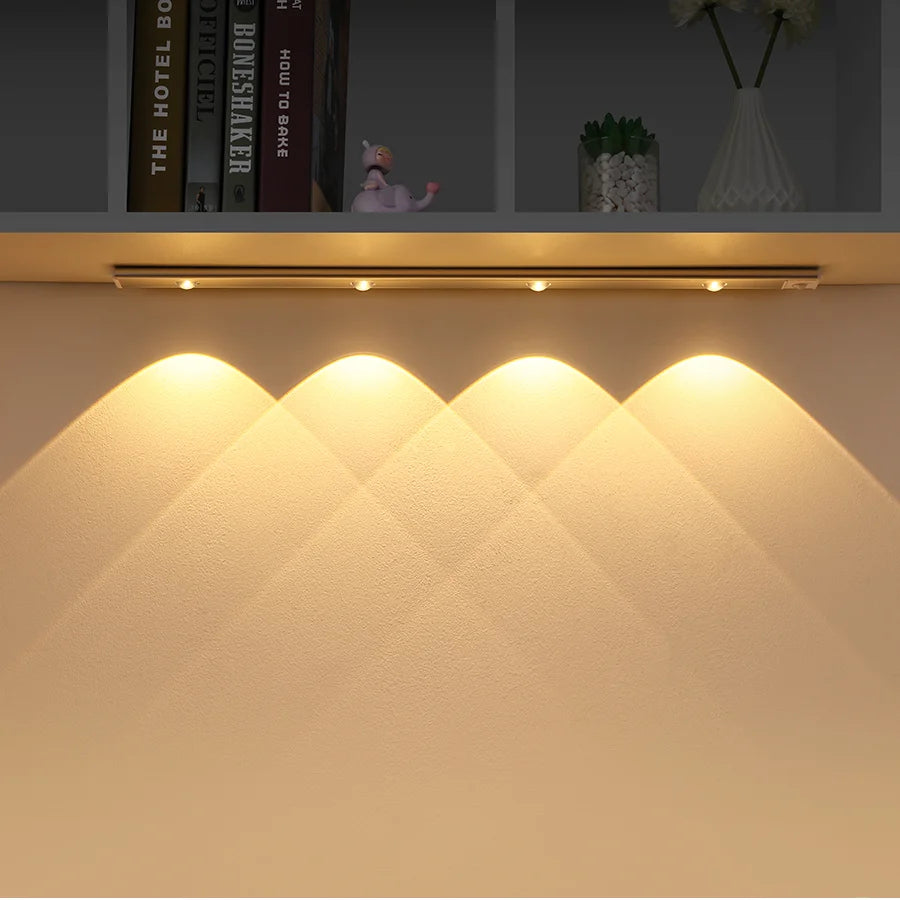 Upgrade Long Strip LED Under Cabinet Light Ripple Design USB Rechargeable Motion Sensor Dimmable Kitchen Closet Lighting
