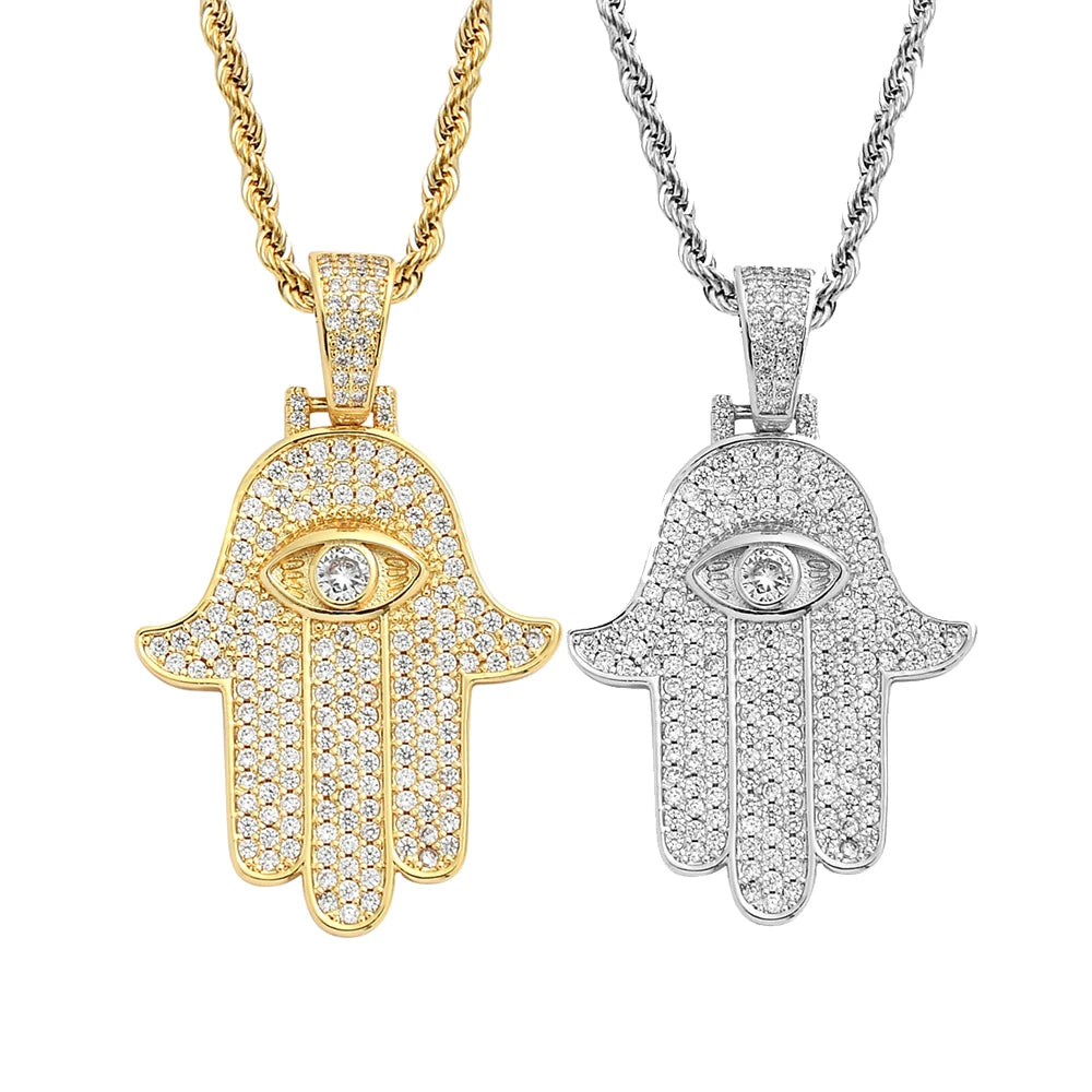 Trendy Demon Men Iced CZ Gold Full Palm Eye Charm Pendant Lucky Hip Hop Anniversary Necklace Rope Chain Made Brass Zircon