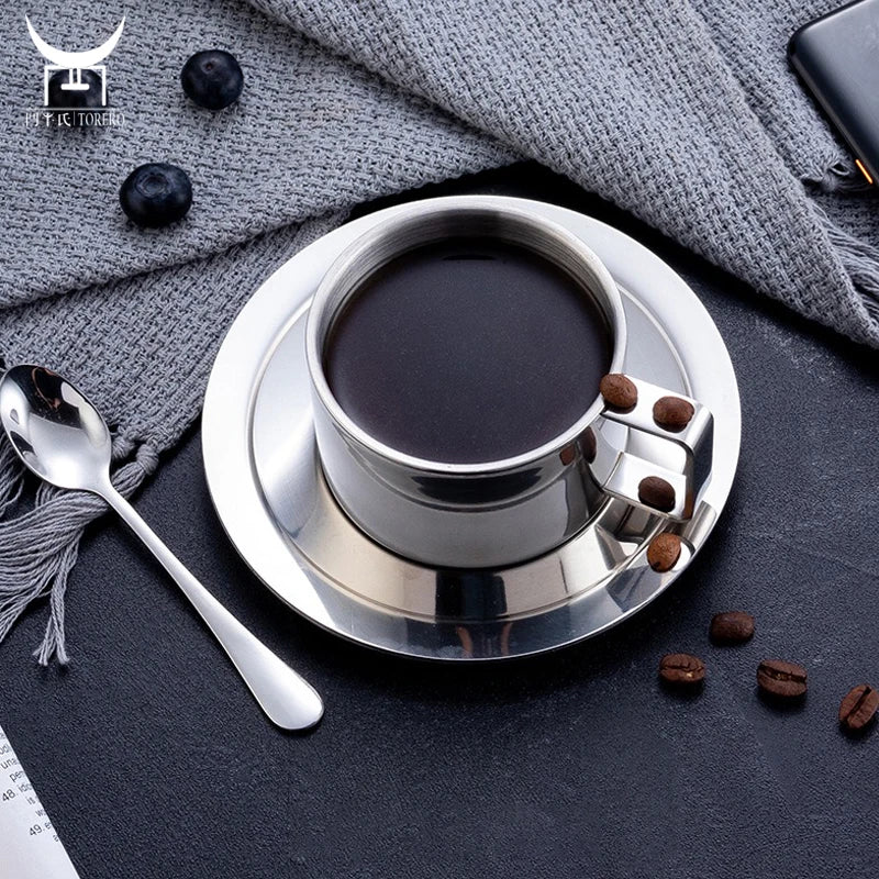 Dishwasher Safe Double Wall Insulated Coffee Mug 304 Stainless Steel Espresso Coffee Tea Cups with Saucer Spoon Set