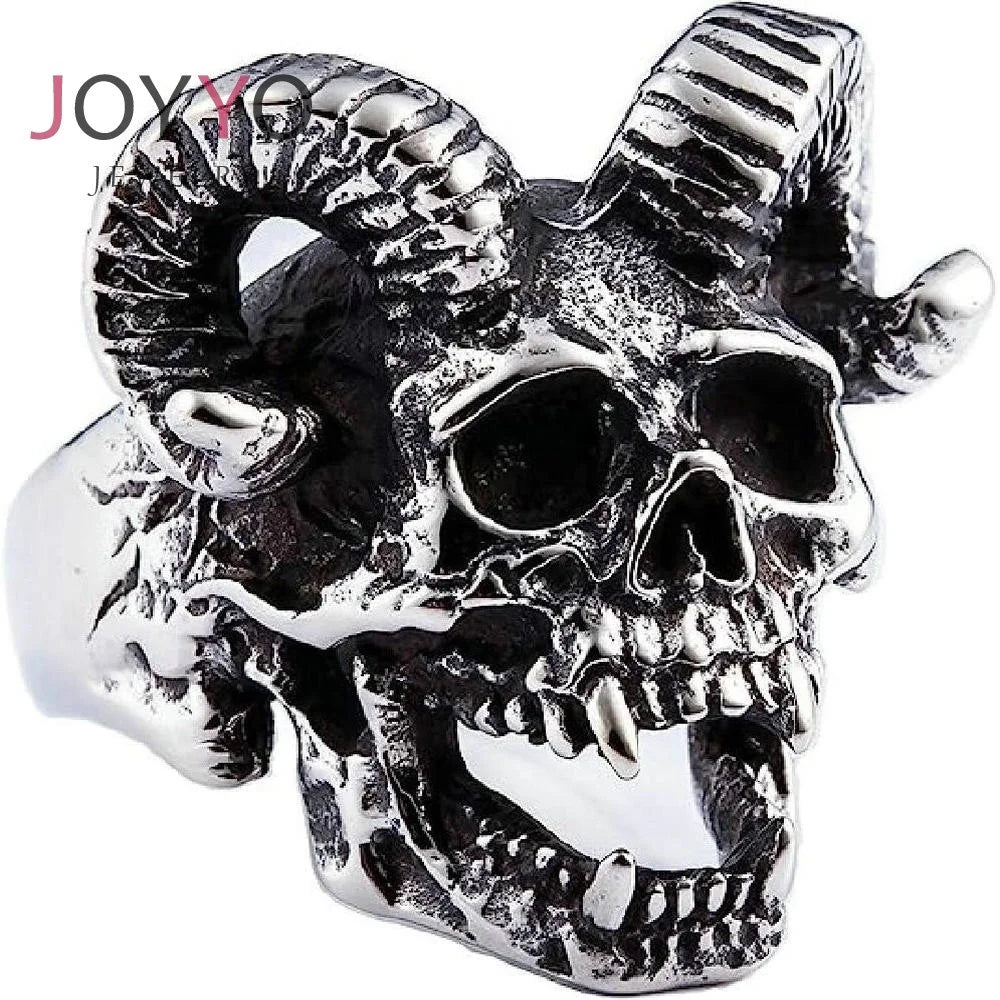 Custom Retro Gothic Stainless Steel Skull Ring Vintage Silver Eternity Bezel Setting Inlay Man's Phantom Demon Ram King Jewelry