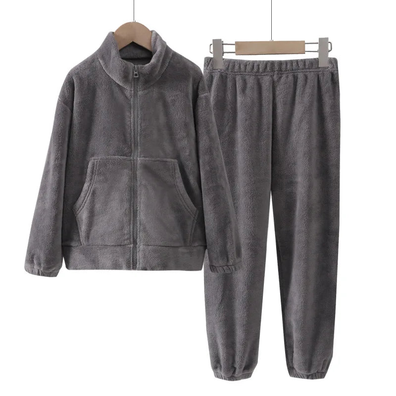 Men Solid Fleece Pajamas Set Family Match Coral Fleece Pajamas Autumn Winter Loungewear Coral Fleece 300gsm