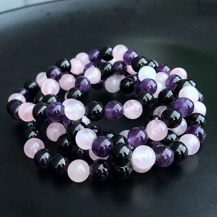 Genuine Natural Black Tourmaline Amethyst Rose Quartz Bracelets for Women 8mm Healing Crystal Stretch Round Bead Bracelet