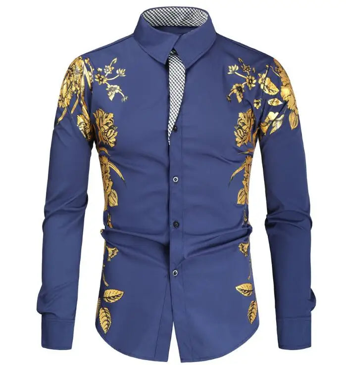 New Fashion Long Sleeve Cotton Shirt Gilding Printing Custom Men's Button Down Tight Shirts