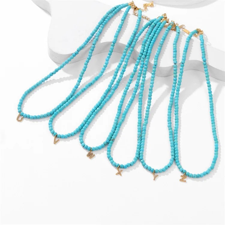 Wholesale Dainty 26 Letter Women Necklace Custom Blue Beaded Chain Zircon Letter Pendant Necklaces