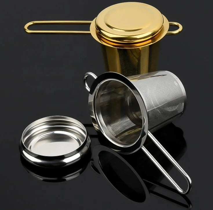 Food Grade Silver and Gold Stainless Steel Tea Infuser Strainer for Loose Tea with Double Handles