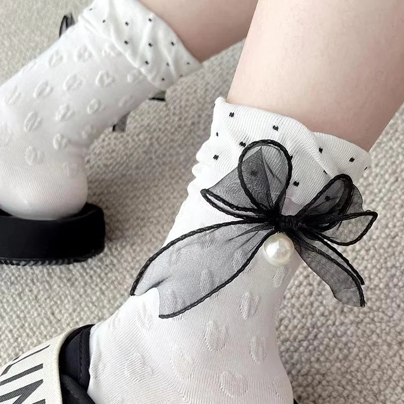2022 Women's Quick Dry Japanese High Tube Calf Stockings Bow Knot Lolita JK Dress Anti-Slip Breathable Lace Autumn Crew Cartoon