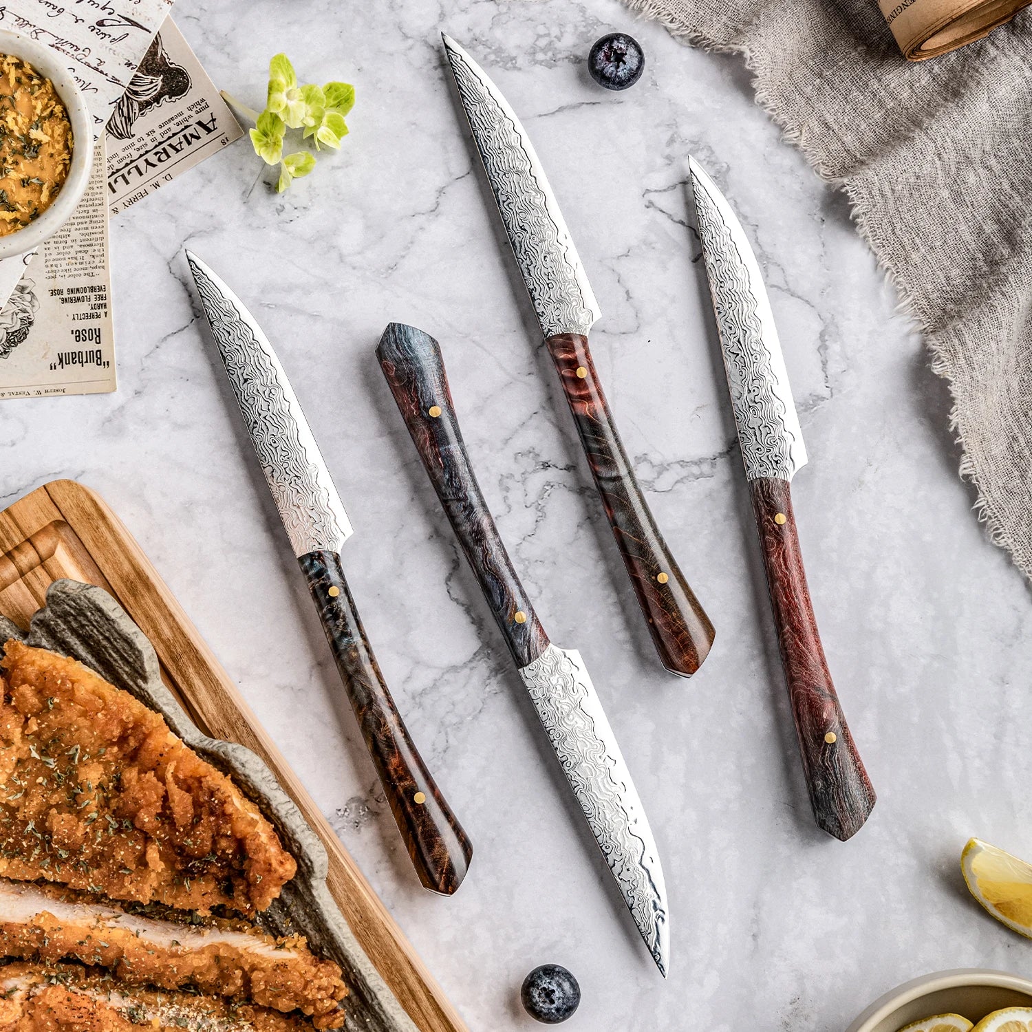 Grandsharp Premium Steak Knives Set High Carbon Damascus Steel Non Serrated Steak Knife Set 4 Pcs Table Knife for Family