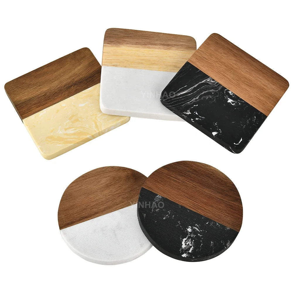 Marble Splicing Wooden Placemat and Coaster Wood and Marble Coasters for Home Kitchen for Tea Coffee Cups
