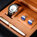 Black Men's Quartz Business Luxury Watch Set with Glass Dial Leather Strap Alloy Case-Pillow Box Gift S9729G