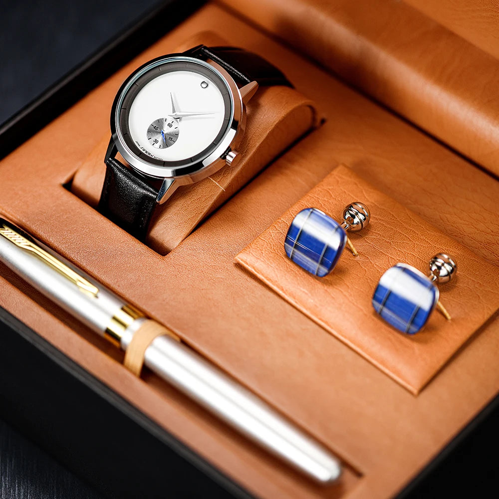 Black Men's Quartz Business Luxury Watch Set with Glass Dial Leather Strap Alloy Case-Pillow Box Gift S9729G