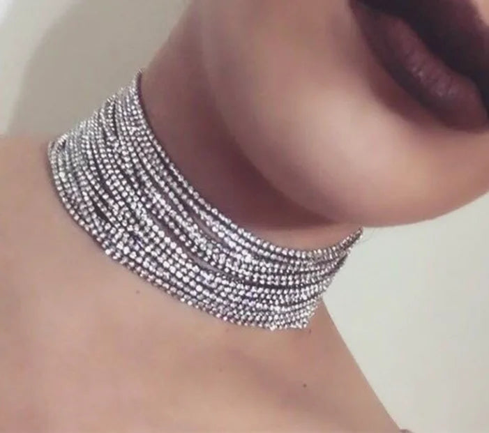 Trendy Woman's Gold-Plated Silver Choker Silver Rhinestone Layered  Necklace with Link Chain and Rhinestone Luxury Jewelry