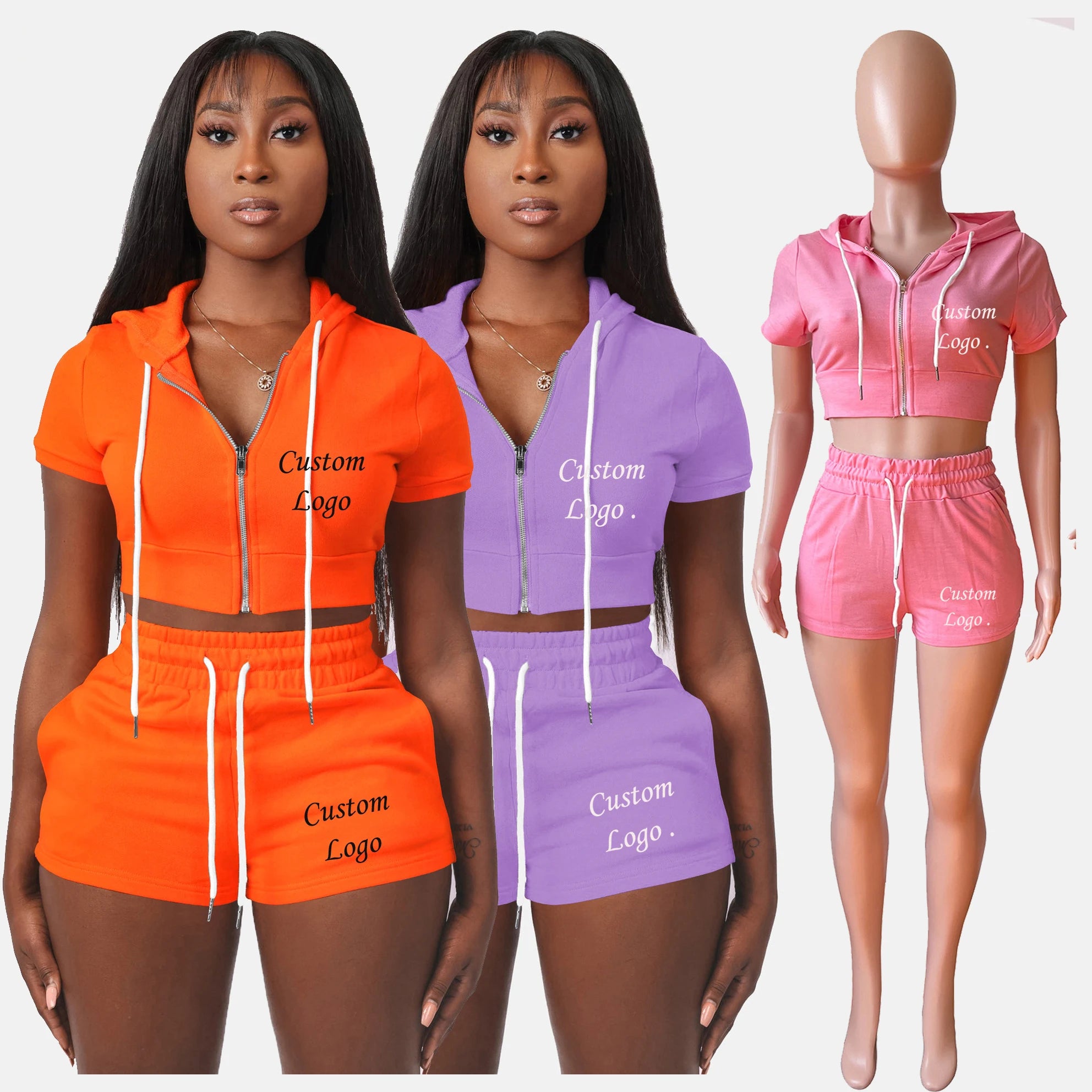 Custom Logo 2 Piece Short Set Tracksuit Jogging Outfits Zipper Crop Hoodie and Shorts Set Summer Women Clothing Sport Wear