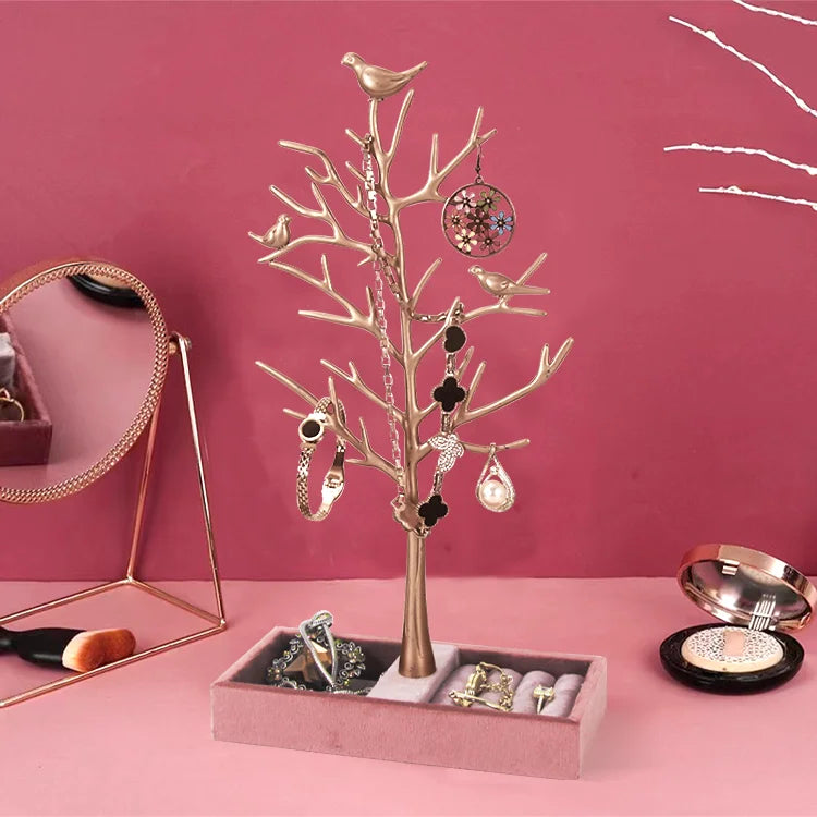 Metal Hanging Jewelry Tree Earring Display Stand Necklace Bracelet Jewelry Organizer Rack with Ring Dish Tray