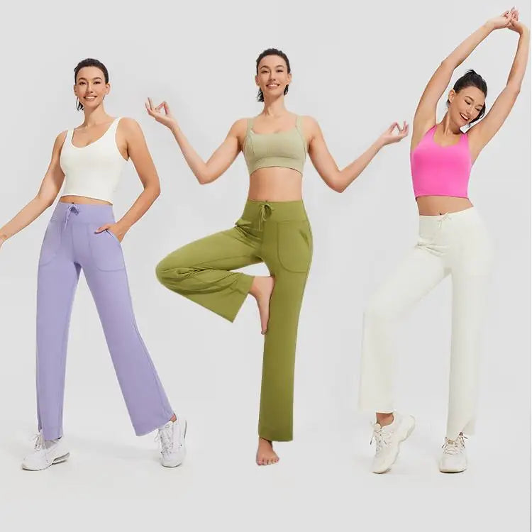MAYYOUNG Women's Comfortable Work Suit Nylon Sports Trousers High Elastic Wide Leg Palazzo Pants Pockets 20 Colors Yoga Leggings