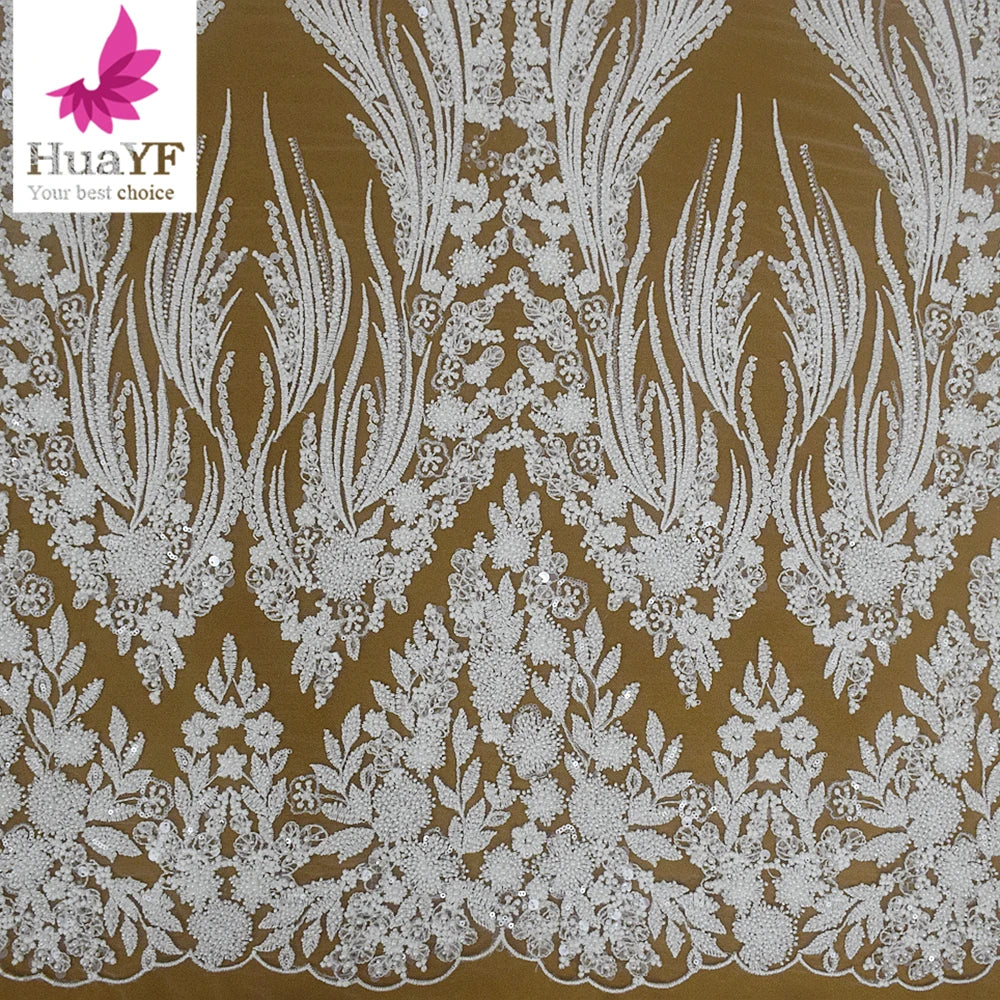 New Arrival Porcelain White Tulle Lace White Bridal Fabrics With Sequins for Wedding Dress HY2245