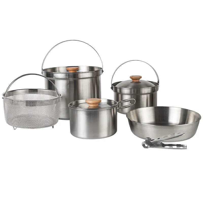 304 Stainless Steel Portable Outdoor Pot Set of Kitchenware Camping Cooking Set Picnic for 3-5 Person