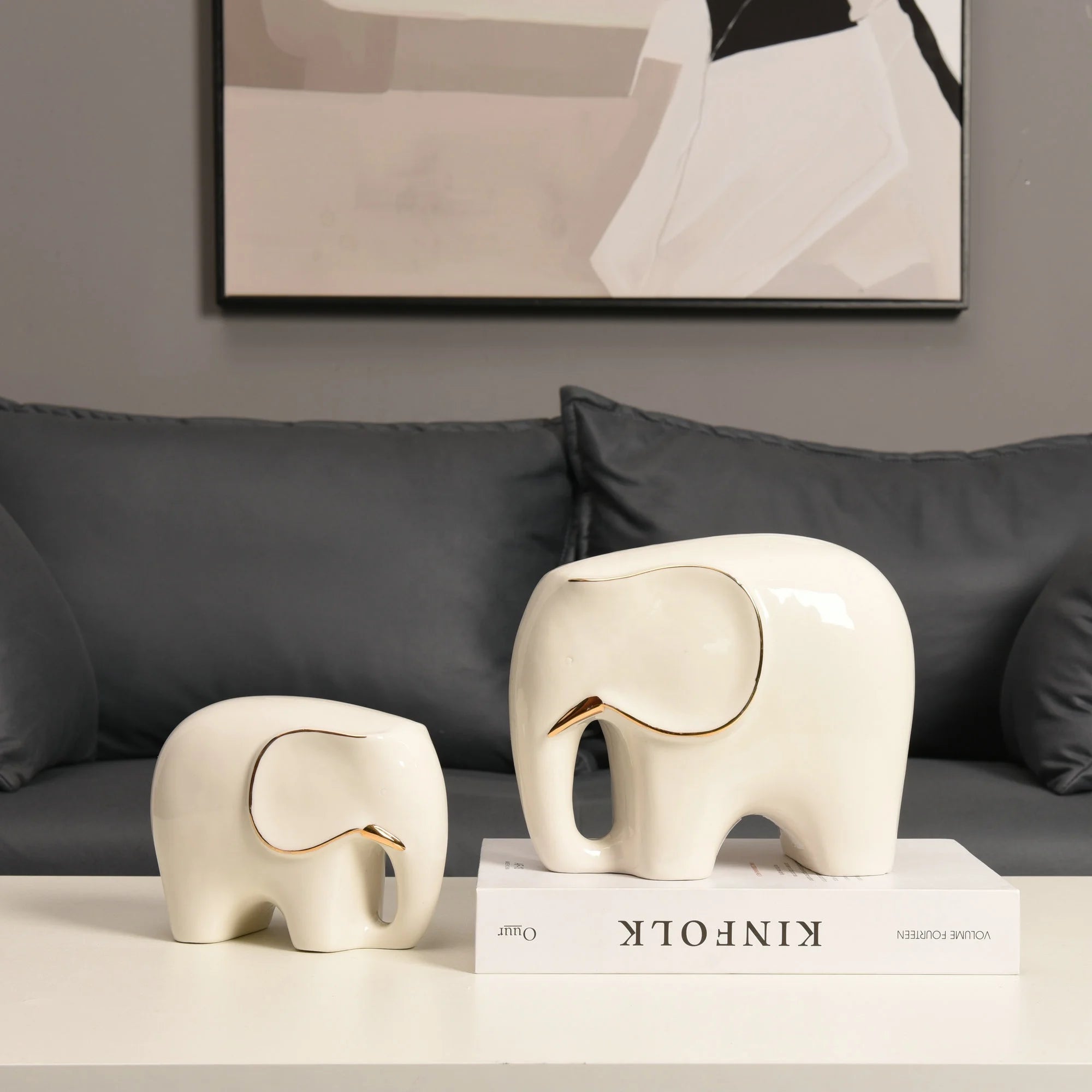 White and Gold Luxury Ceramic Elephant Statue Animal Home Table Art Decoration