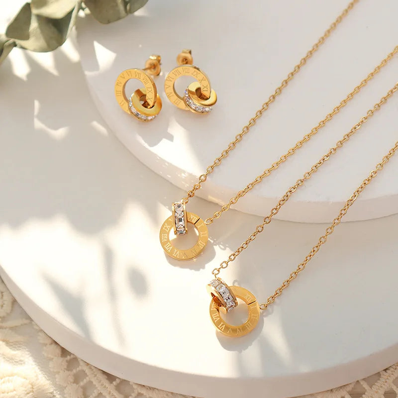 Unique Design New Fashion Trendy Gold Plated Stainless Steel CZ Hoop Roman Numerals Pendant Choker Necklace Women Girl Gift F297