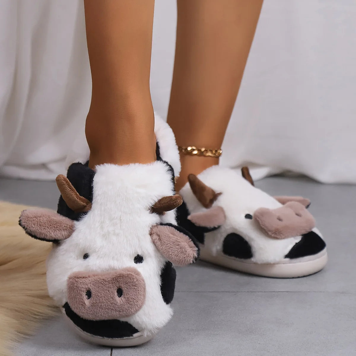 Cute Cow Indoor Slippers for Women Fluffy Plush Soft Fur Winter House Shoes with EVA Outsole for Bedroom