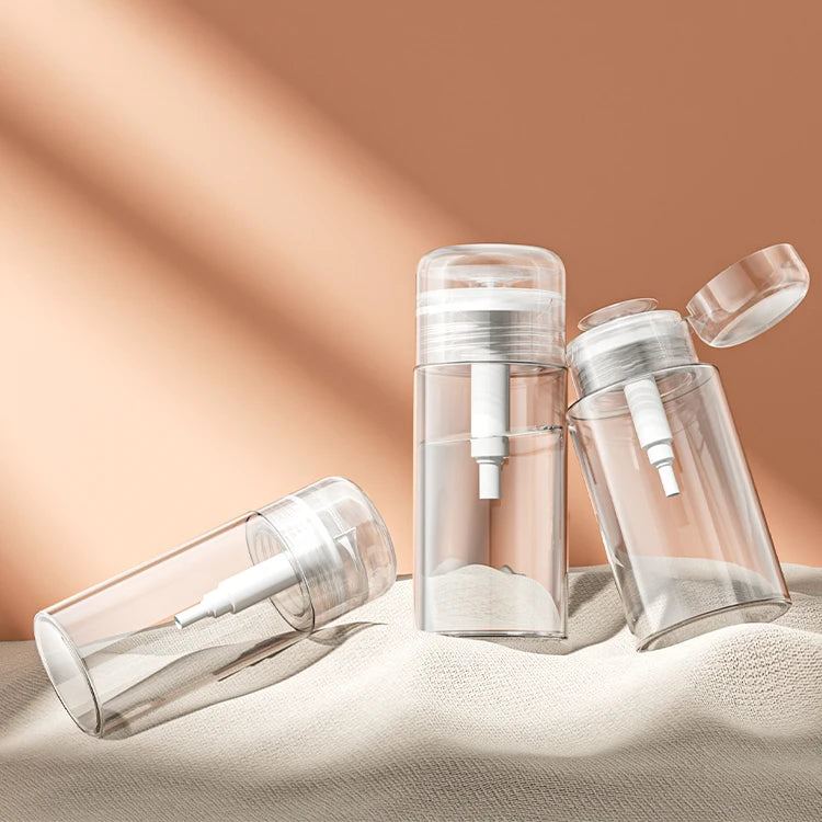100ml & 200ml Plastic Water Pump Bottle for Makeup Remover Cosmetic Toner Lotion Nail Polish Remover with Screw Cap Press Pump