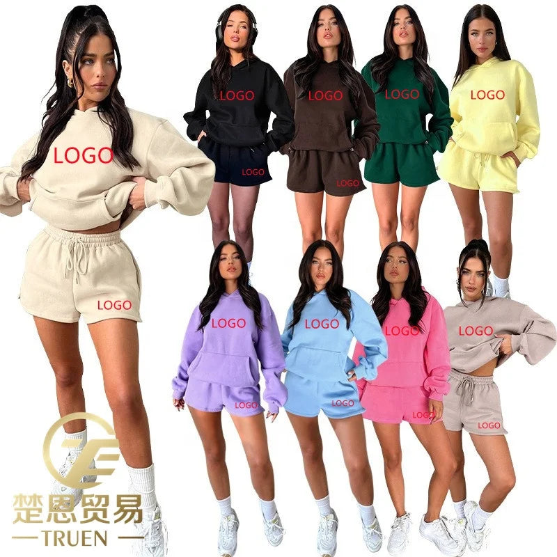 2024 Autumn Winter Women's Casual Clothing Two Piece Set Custom LOGO Hooded Joggers Shorts Woven Above Knee Irregular Suit