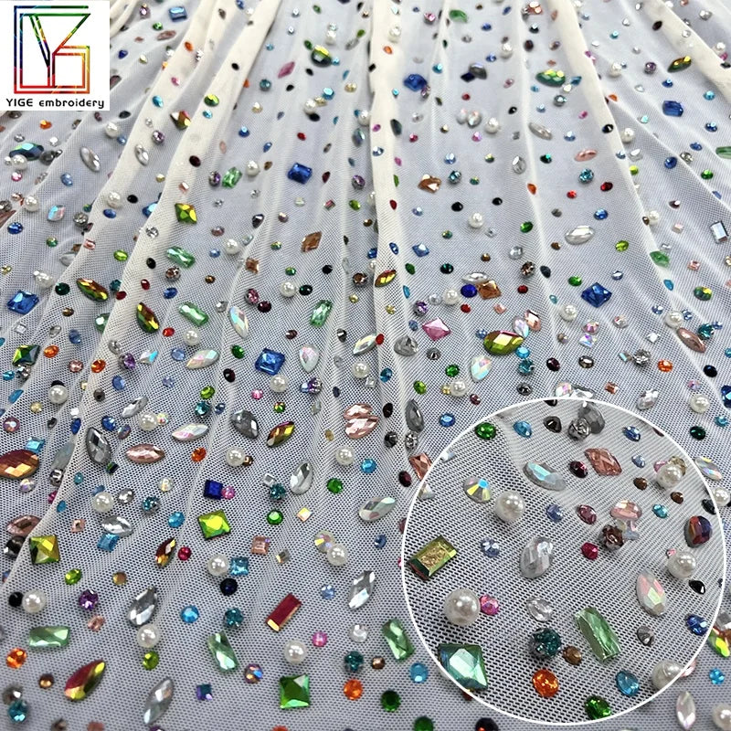New Design Elastic Diamond Fabric Rhinestone Mesh Fabric Sparkling Crystal Stones Mesh With Pearls Fabric