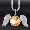 Large Wing Circular Photo Pendant Inlaid with Zircon Trendy Hip-hop Photo Frame Pendant Necklace