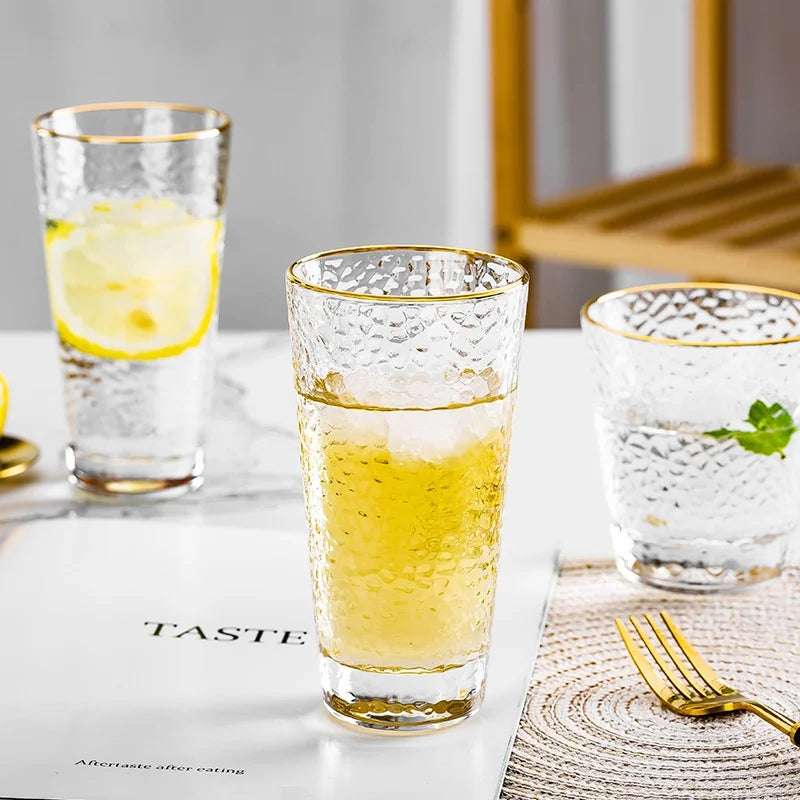 Hxglass Lead-Free Sustainable Classic Drinkware Stackable Hammer Pattern Gold Rim Glass Cup Retro 300ml Household Water Tea Milk