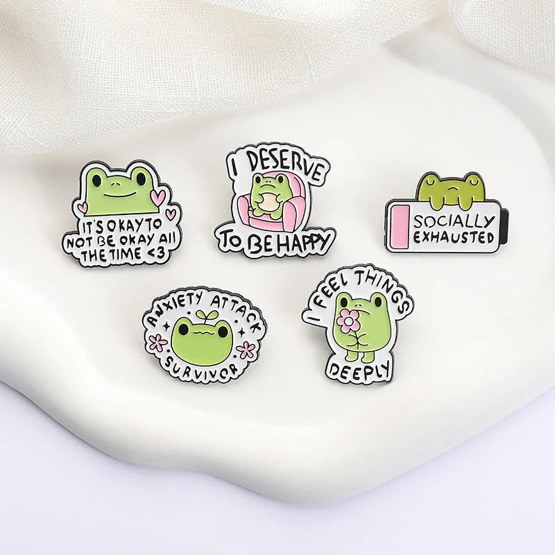 Wholesale Frog Letter It Is Okay to Not Be Okay Enamel Pins Anime Cute Frog Funny Letter Design Soft Lapel Pin Badge for Gift