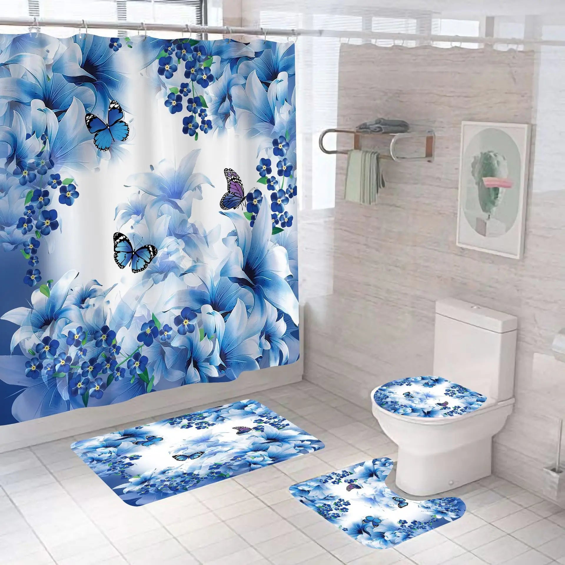 Blue Butterfly Shower Curtain Set 3D Digital Printing Polyester Shower Curtain