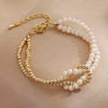 Go2boho Twisted Charms 6mm Imitation Pearls and 4mm 18K Gold Filled Plated Double Stranded Beaded Bracelet for Women Jewelry