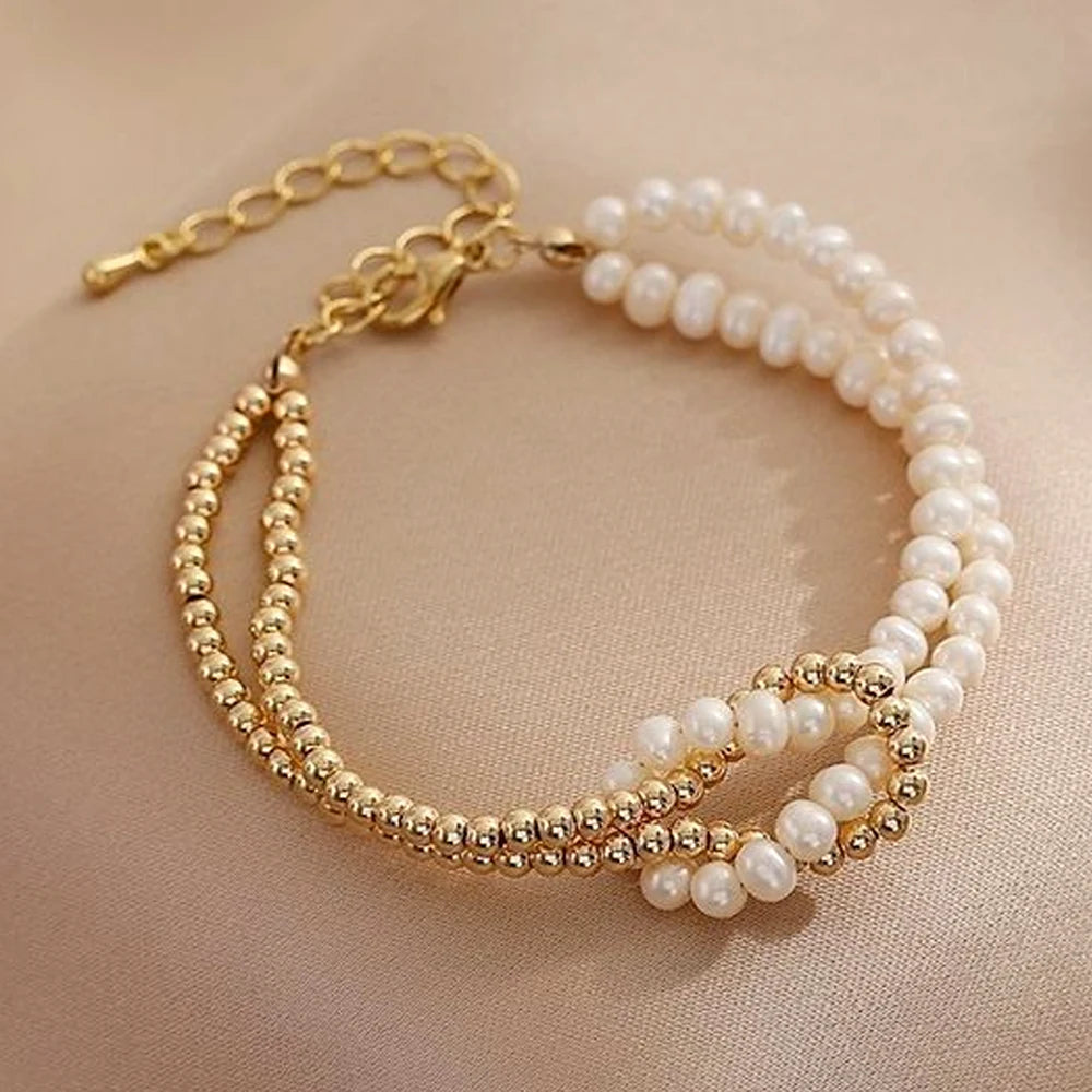 Go2boho Twisted Charms 6mm Imitation Pearls and 4mm 18K Gold Filled Plated Double Stranded Beaded Bracelet for Women Jewelry