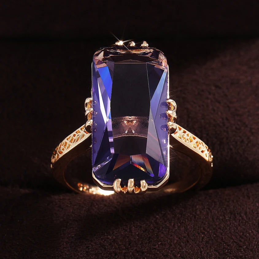 Huitan Refine Independent Carved Thin Anillos Women Girls Super Big Pure Royal Purple Zircon Rings Rectangle Gold Fashion Rings