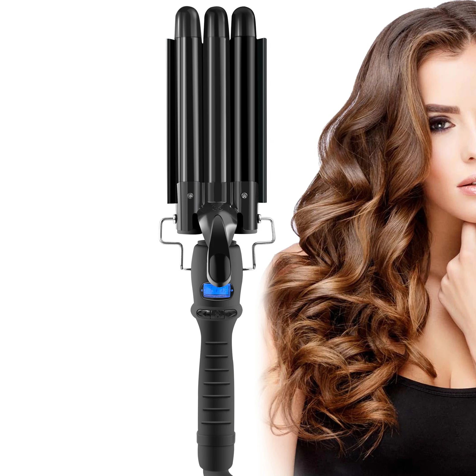 Professional 32mm 3 Barrel Ceramic Hair Waver Curling Iron LED Temperature Display PTC Heater