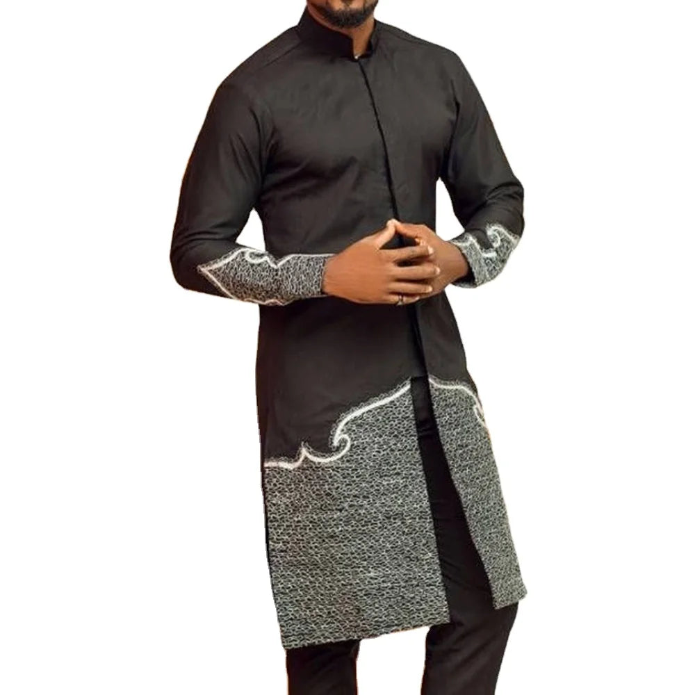 M-4XL New African Ethnic Style Men's Set 2-piece Casual Embroidered Top and Solid Color Pants Men's Set Plus Size Male Wear