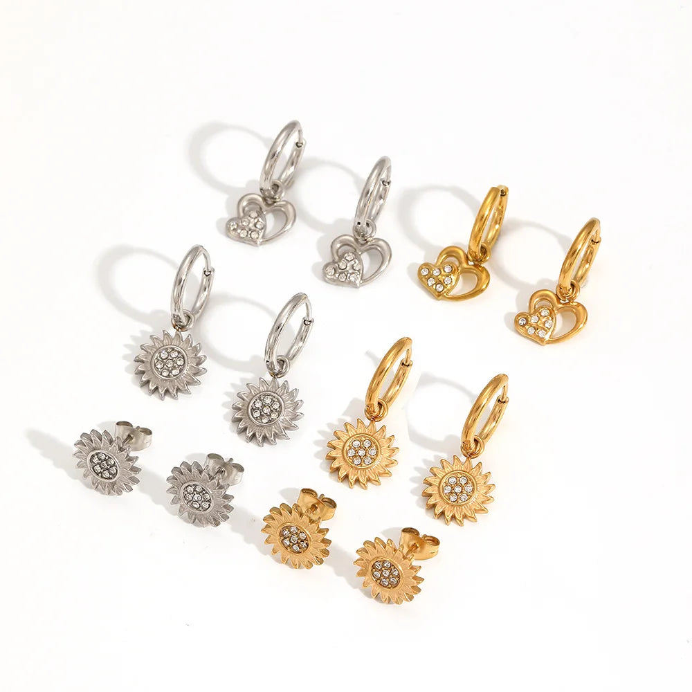 Luxury Stainless Steel Heart Drop Earrings Set Gold Plated Sunflower Fashion Earrings Zirconia