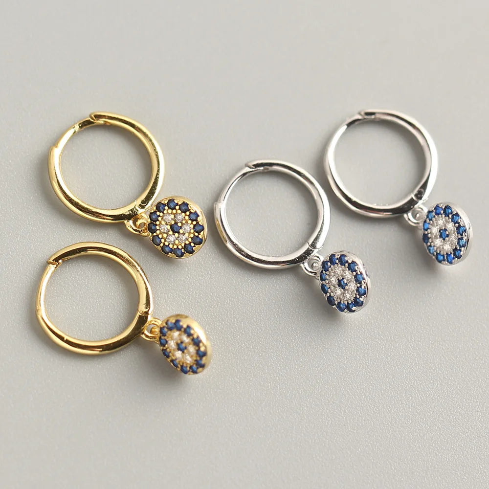 2024 Fashion 925 Sterling Silver Blue Evil Eyes Drop Earrings Gold Plated Diamond Hoop Earrings for Women