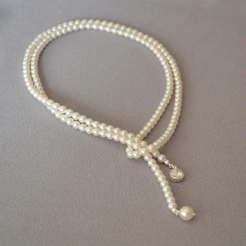 French Pearls Jewelry Zircon Charm Multi-layers Long Pearl Necklace for Women
