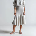 Light Gray Formal A-Line Midi Skirt Crocheted Knit Bubble Hem Design Stretch Waist Casual Vintage Style Lace Made Woolen