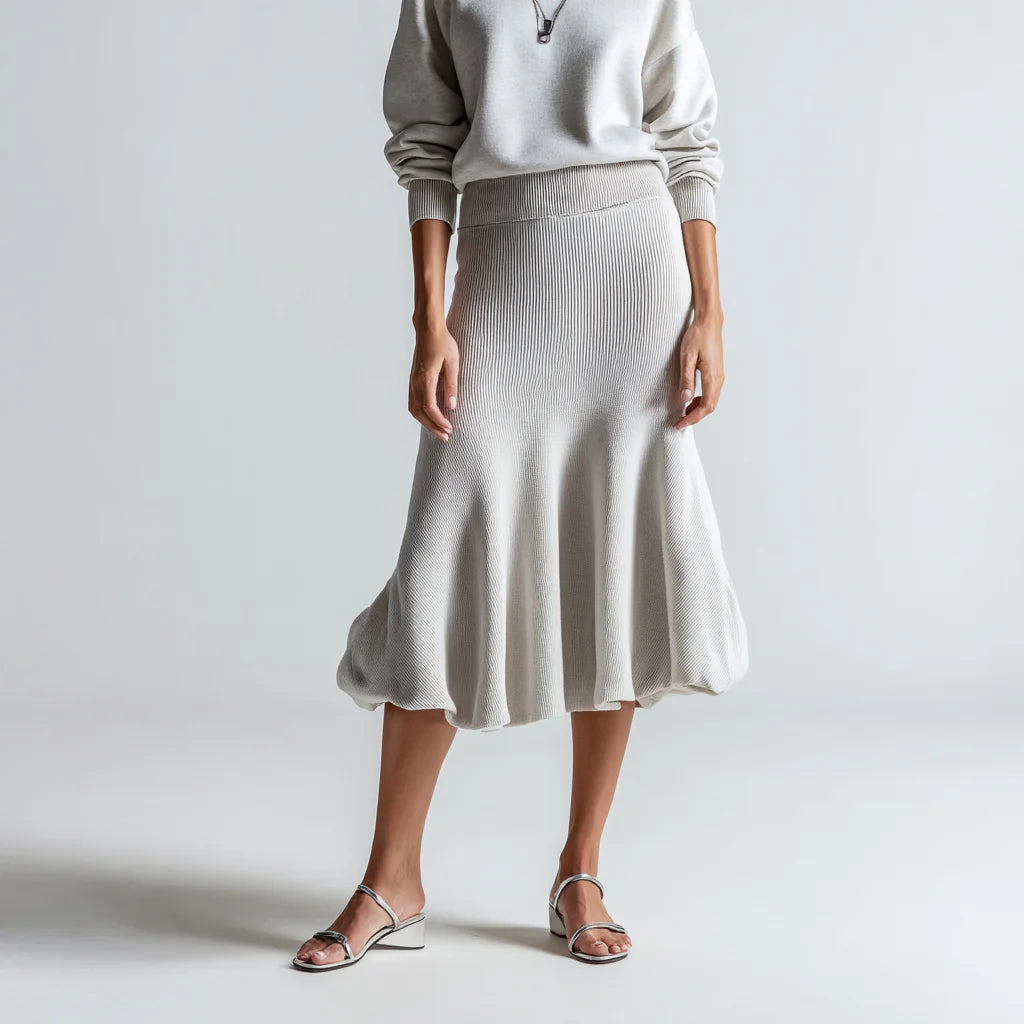 Light Gray Formal A-Line Midi Skirt Crocheted Knit Bubble Hem Design Stretch Waist Casual Vintage Style Lace Made Woolen