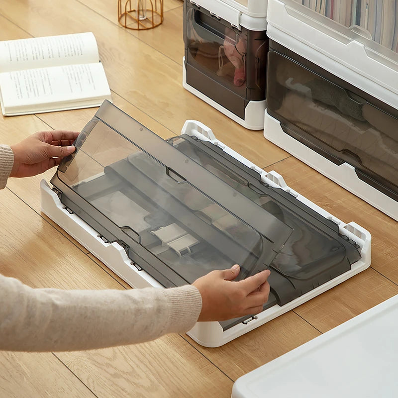 Folding Storage Box Wardrobe Sundries Container Box Transparent Foldable Stackable Storage Cabinet Plastic Bin Storage