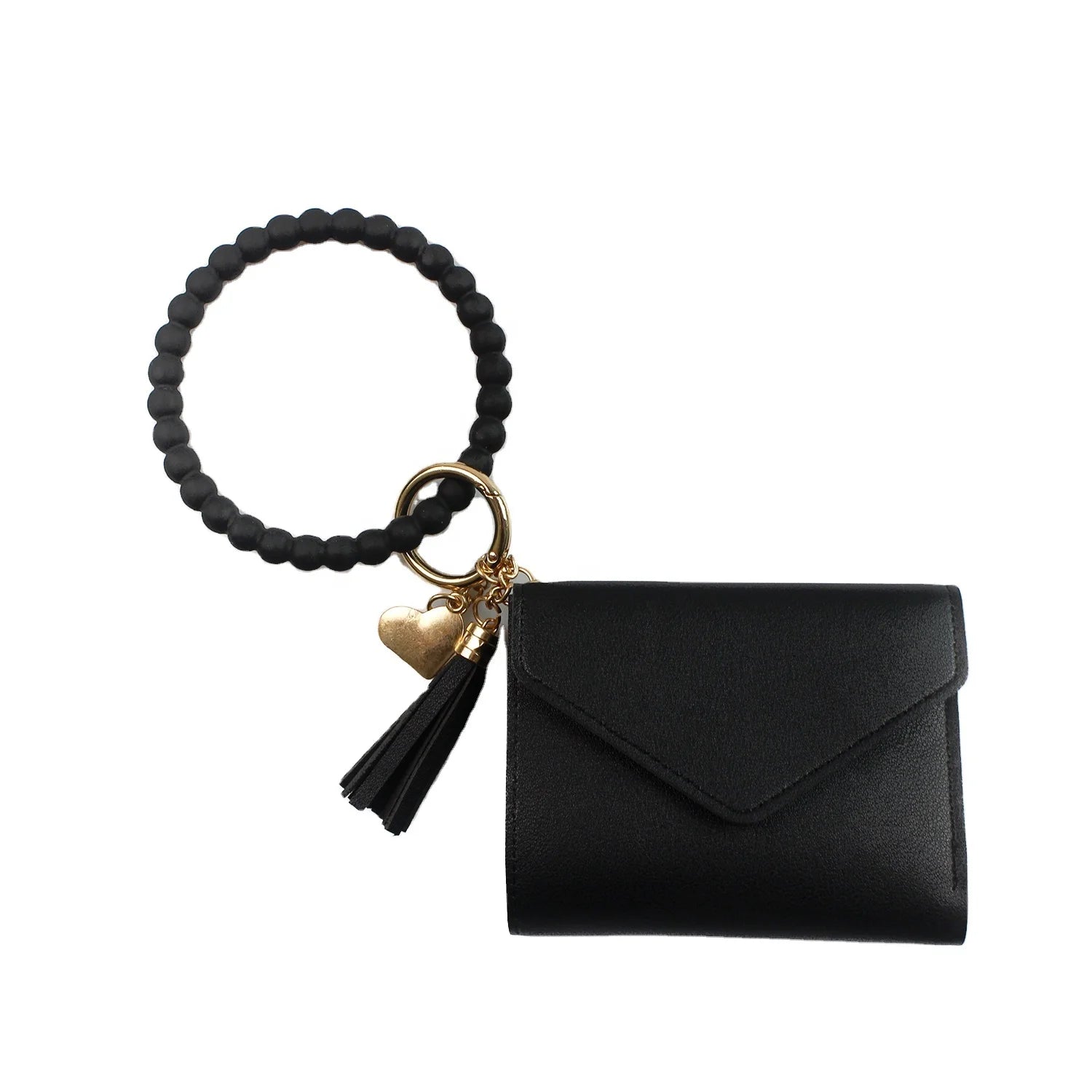 Silicone Bead Keychain Bracelet Tassel Wristlet Ring Circle Bangle with Card Bag Wallet Silicone Key Ring Silicone Key Chain