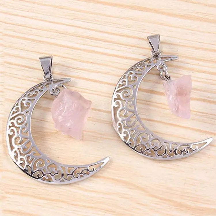 HUIYING Hot Sale Natural Rose quartz Crystal Necklace Starry Moon shape Pendant Alloy Original Stone Sweater Chain Jewelry