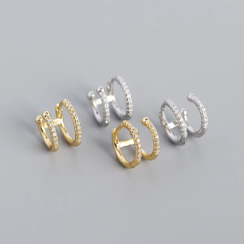 2024 INS 925 Sterling Silver Double Circle Round White CZ Ear Cuff  Climber Round Hoop Earring Jewelry for Women