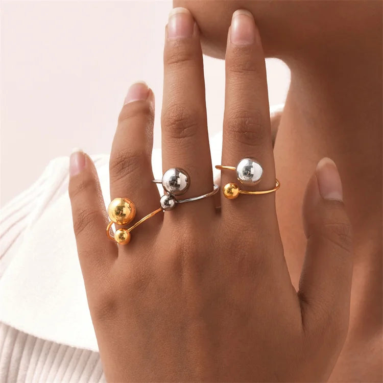Fashion Personalized Jewelry Ring Gold Plated Stainless Steel Beads Adjustable Rings for Women