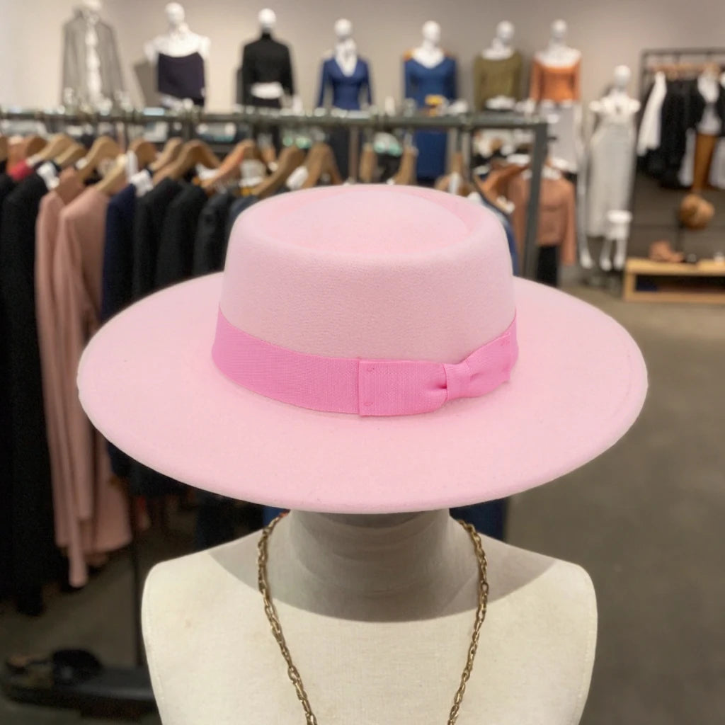 Wholesale Telescopes Crown Boater Hat Fashion Women Trendy Wide Brim Fedora Hats with Matching Ribbon Bow