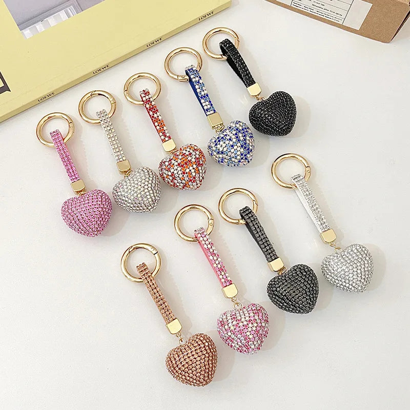 Korean Fashion Colorful Heart Shaped Keyring Rhinestone Crystal Love Heart Charm Car Keychain for Couple